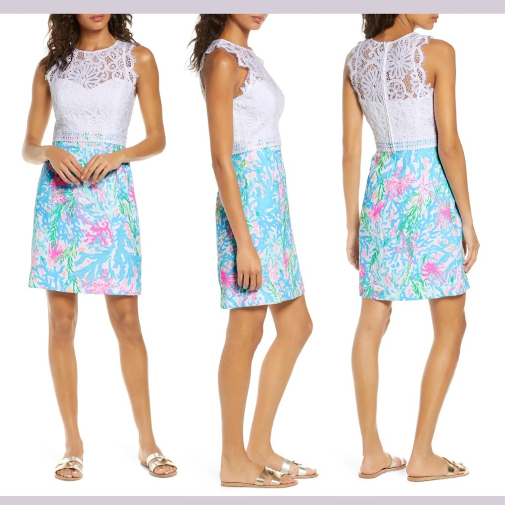 NEW $268 Lilly Pulitzer [ 4‎ ] Sharice Lace Sheath Dress in Blue Green White
